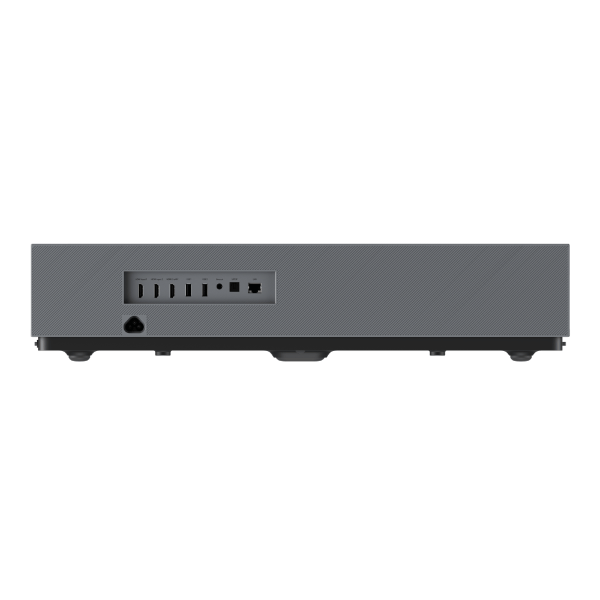 The image shows the back of a Formovie Theater 4K UHD UST Laser Projector by FORMOVIE in black, featuring vent slits on the left and multiple horizontal ports including ethernet and USB in the center, offering advanced connectivity.