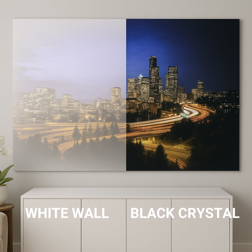 A large wall art shows a cityscape split in two: the faded left has WHITE WALL text, while the vibrant right highlights enhanced image quality with The Projection Rooms ALR Black Crystal Projector Screen and ambient light rejection.