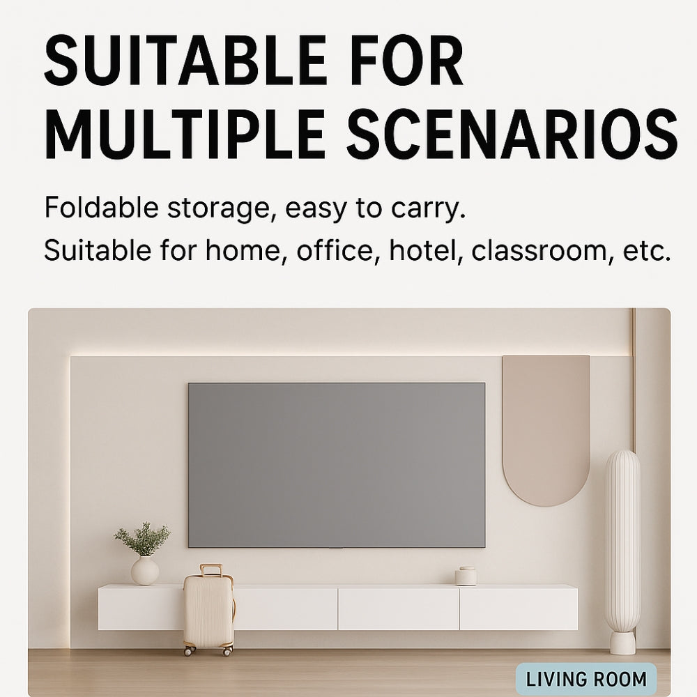 A modern living room with a wall-mounted TV, white cabinet, vase, small plant, and suitcase. Text reads: SUITABLE FOR MULTIPLE SCENARIOS and highlights The Projection Room’s ALR Black Crystal Projector Screen’s superior image quality anywhere.