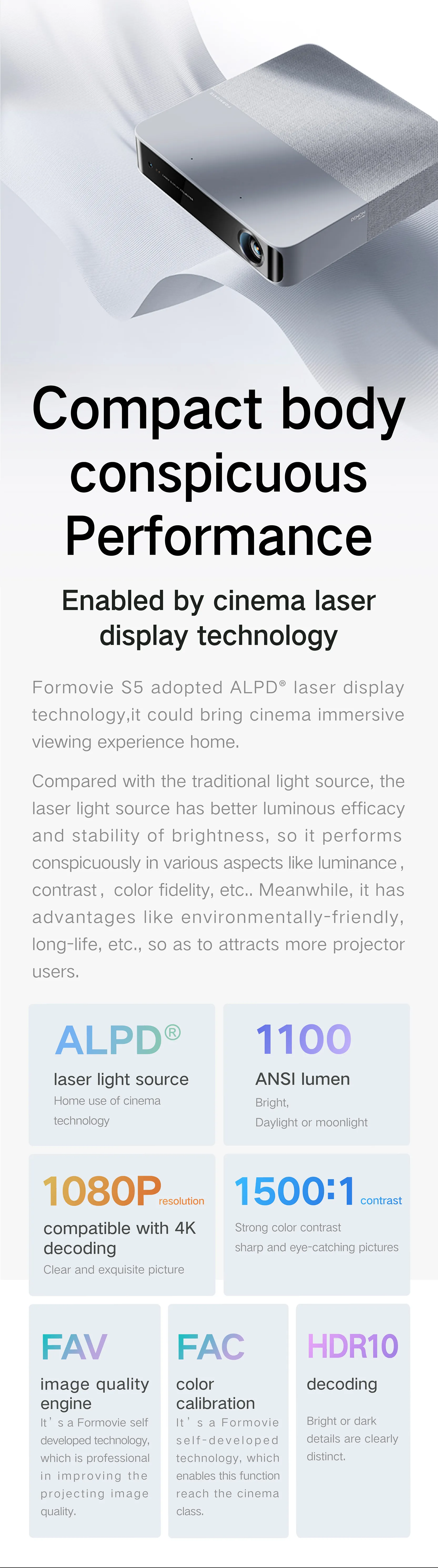 A vertical tech product ad highlights a compact projector, emphasizing its ALPD laser tech, brightness, contrast, 1080P resolution, audio features, HDR10, and environmentally-friendly design with icons and brief descriptions.