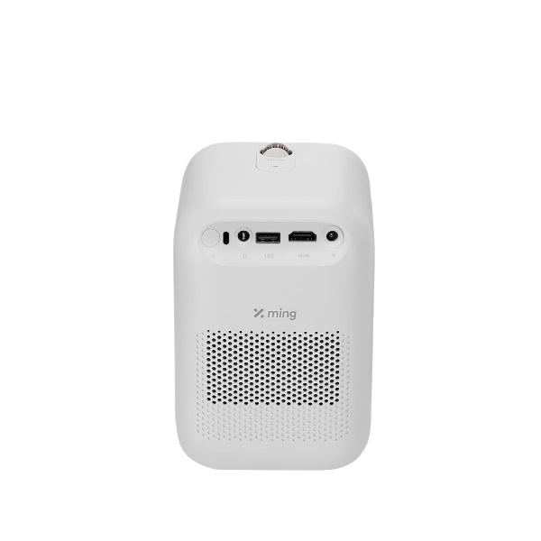 The Formovie Xming Q1 SE Full HD Mini Projector by FORMOVIE is a white, rectangular device with side ports including a power button, two USB ports, and an HDMI port. Its portable design has a speaker grill-like perforated lower section for delivering Full HD visuals on the go.