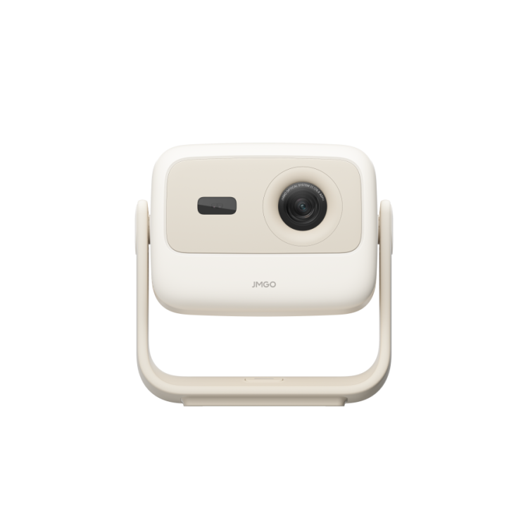 A front view of the JMGO N1S Nano projector by JMGO, featuring a compact beige and white design with a round lens on the right, rectangular sensor on the left, and a U-shaped stand—ideal for immersive Big Screen entertainment.