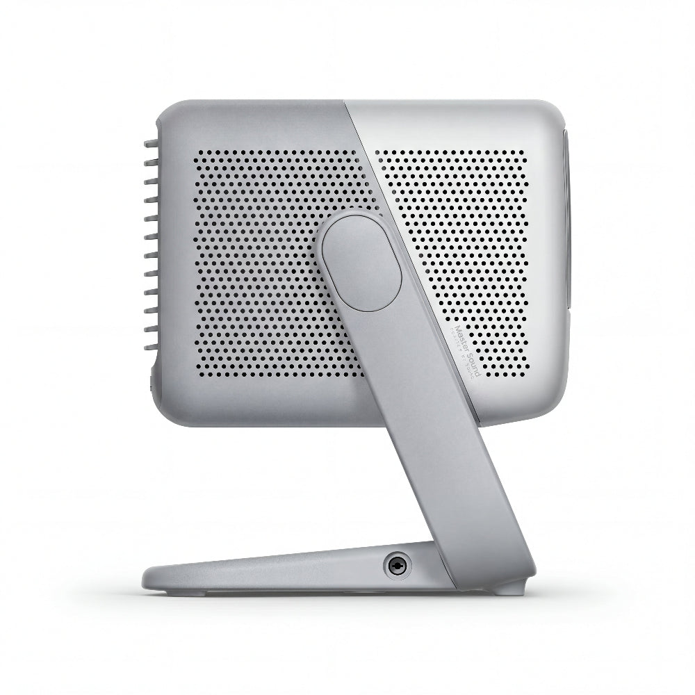 The JMGO N1S SE by JMGO is a modern silver desktop monitor shown from the side, featuring a perforated back panel, sleek adjustable stand, and Google TV integration, set against a plain white background.