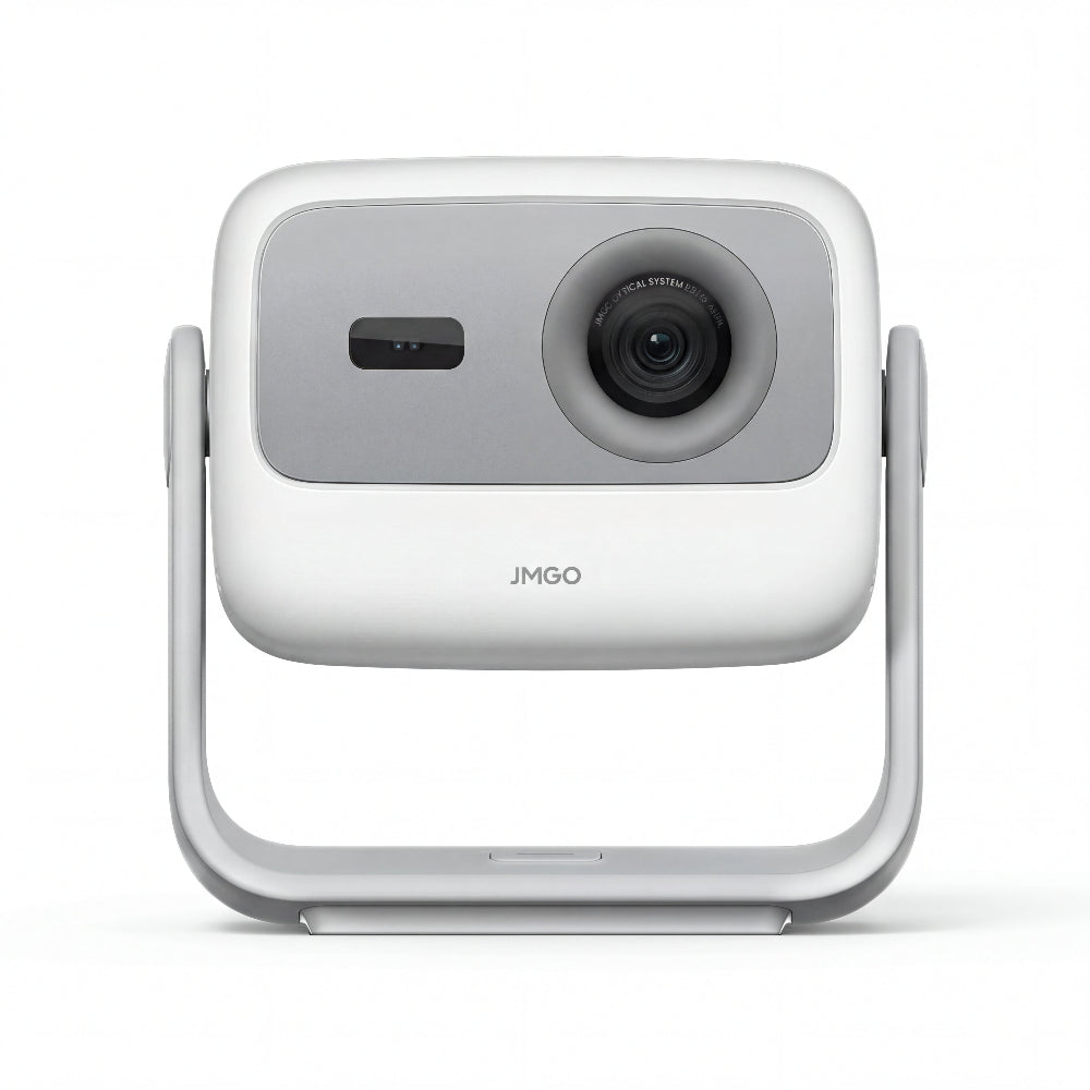 The JMGO N1S SE, a white and gray projector with a modern rounded design, central lens, and horizontal stand, features triple laser technology and is shown against a plain white background.