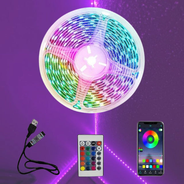 The Projection Room USB LED Light Strips RGB (1M) are coiled on a purple background, featuring vibrant colors and Smart Control via remote, USB cable, or smartphone app for easy light adjustments.