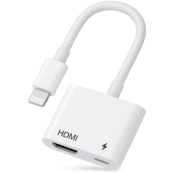 The Projection Room Lightning To HDMI Cable is a white adapter with a Lightning connector, HDMI port, and Lightning charging port for broad Apple device compatibility, delivering HD output and smooth screen mirroring to HDMI displays.