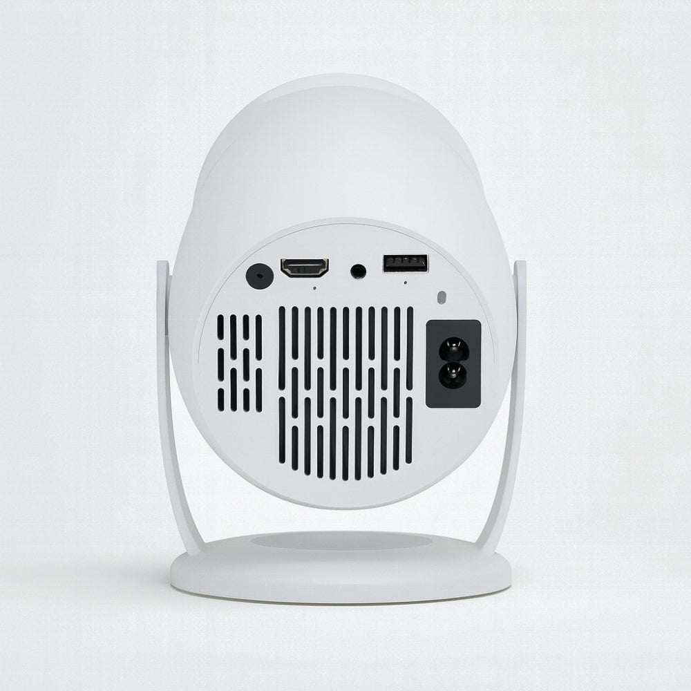 The Projection Room's Neo Cloud Mini Projector, in white, features HDMI, USB, audio jack, and power ports with ventilation grilles. Its round design sits on a circular rotating cloud stand with side supports for stable Full HD 1080P viewing.