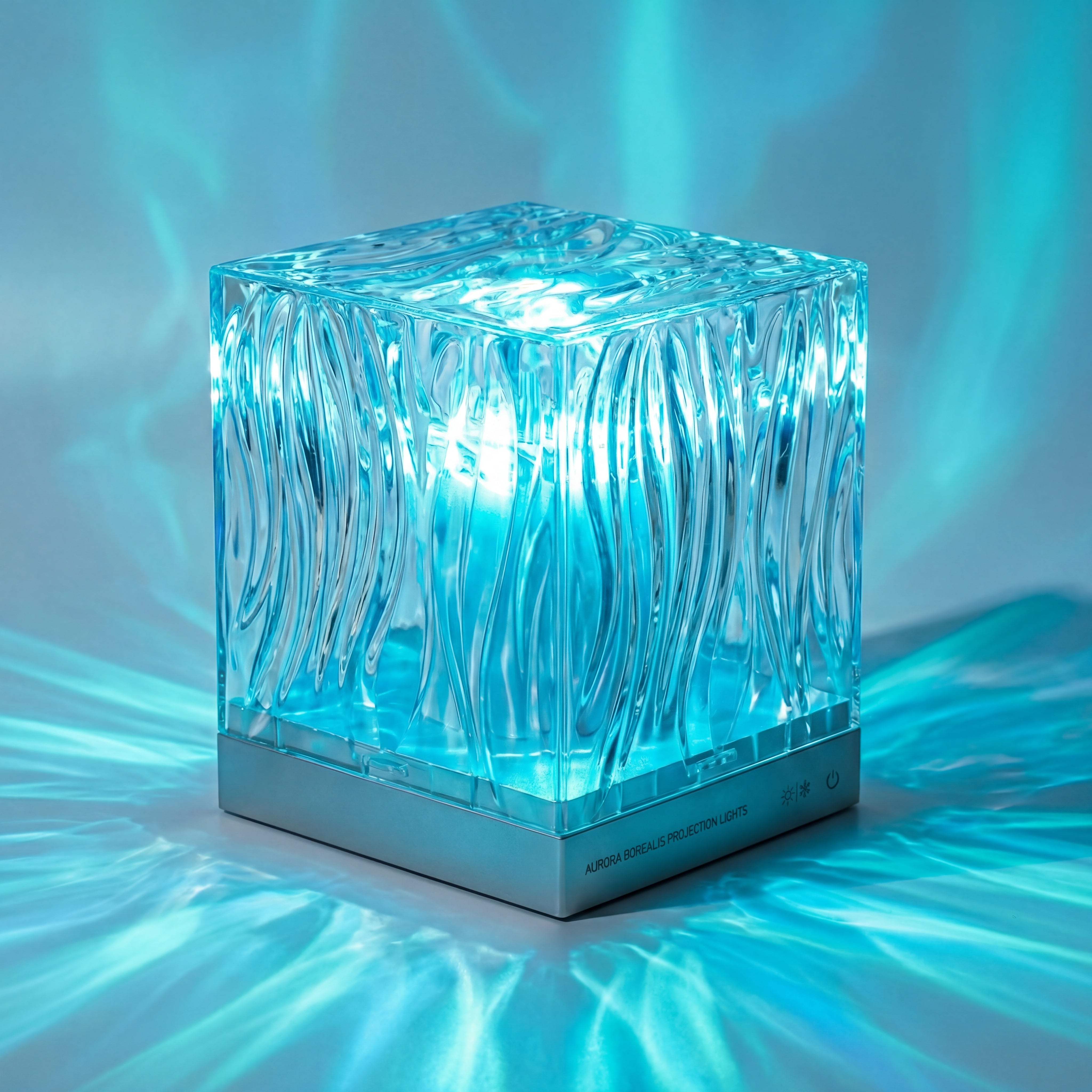 The Projection Room’s Aurora Projector Lamp is a glowing, translucent cube on a metallic base that casts blue water ripple patterns, creating mesmerizing ambient lighting and eye-catching decor.