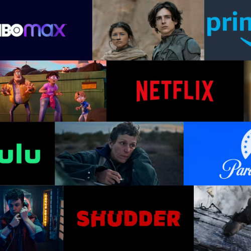 A collage of popular streaming service logos—HBO Max, Amazon Prime, Netflix, Hulu, Paramount+, and Shudder—surrounds images from various movies and TV shows, including sci-fi, adventure, and animation scenes.