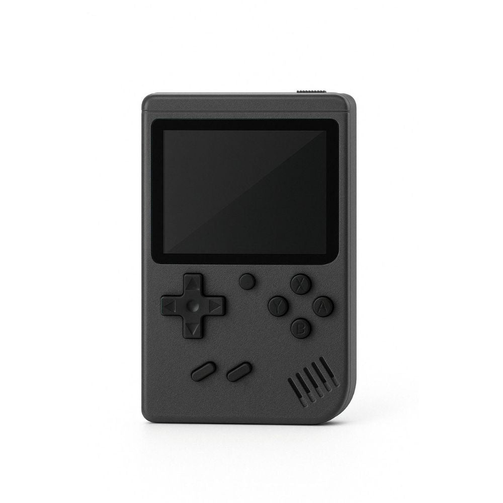 The Projection Room’s Retro Handheld Gaming Console, in black, features a rectangular screen, directional pad, four buttons, and two smaller buttons below for portable gaming fun against a plain white background.