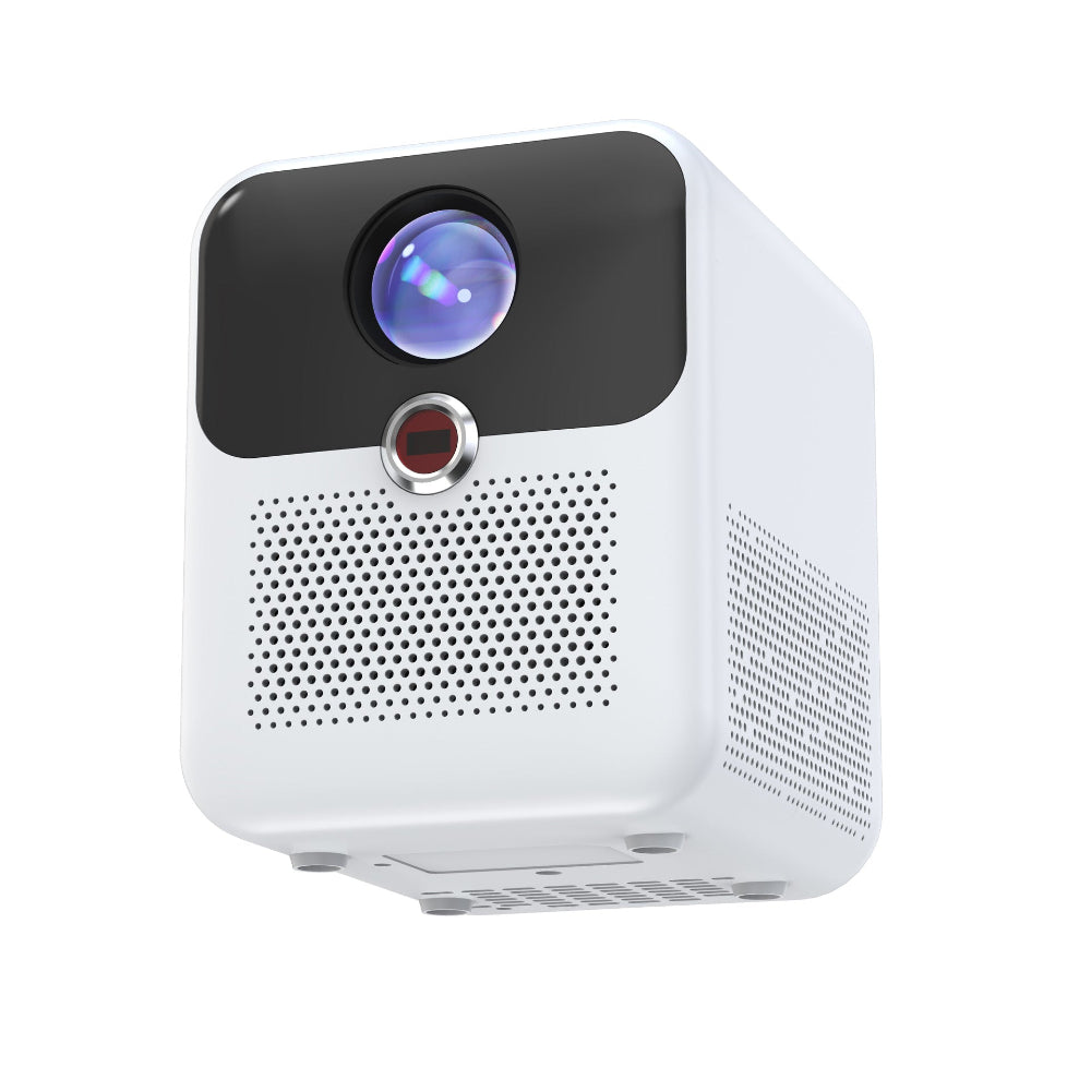 The Projection Room’s S2 Smart Projector With Electric Focus is a modern, compact HD wireless home cinema with a white body, black front panel, large lens, red sensor, and ventilation holes—perfect for streaming like a smart TV.