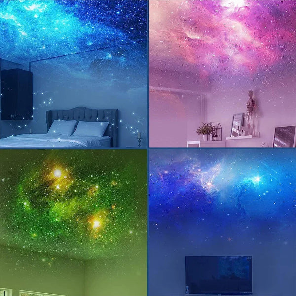 Four images display the Astronaut Nebula Star Projector Lamp by The Projection Room, illuminating ceilings into vibrant galaxy scenes: top left in blue for a Water Ripple Nebula-like effect, top right pink, bottom left green and orange, and bottom right blending blue and purple with a starry night ambiance.
