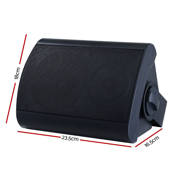 The Projection Rooms 2-Way In Wall Speakers are sleek black rectangles with a mesh front, measuring 18 cm tall, 23.5 cm wide, and 16.5 cm deep. They feature a side dial for fine-tuning and are angled for immersive sound against a clean white background.