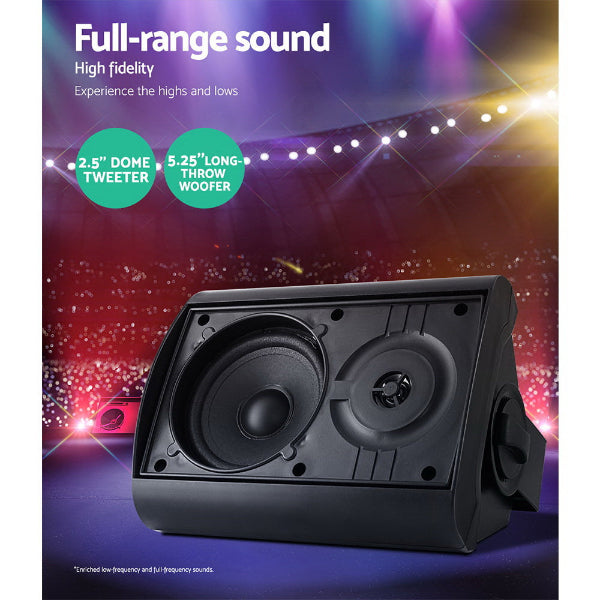Image of a black 2-Way In Wall Speaker by The Projection Room with a 2.5 dome tweeter and a 5.25 long-throw woofer, set against concert lighting that highlights full-range sound, high fidelity, and vibrant light effects for an immersive audio experience.