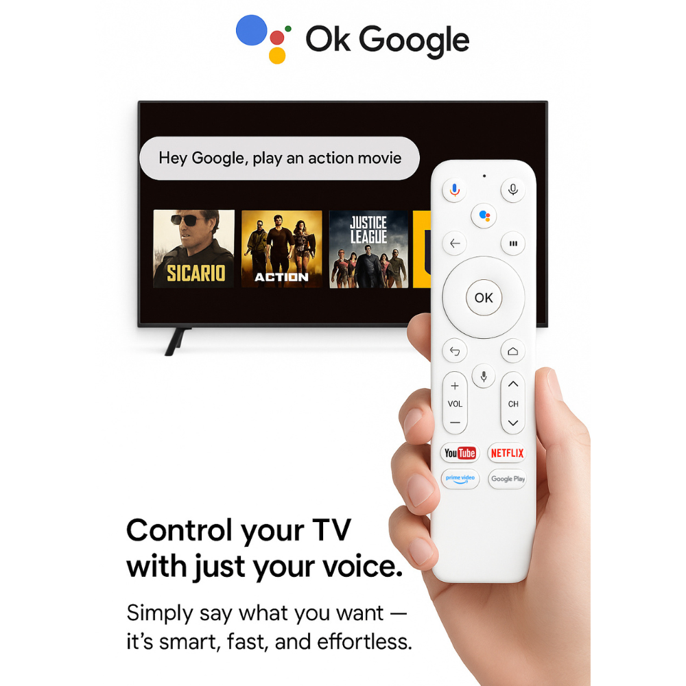 A hand holds The Projection Room 4K Android SMART TV Stick remote in front of a TV. On-screen: “Ok Google” and “Hey Google, play an action movie.” Enjoy 4K streaming and easy control with Google Assistant Voice Control.
