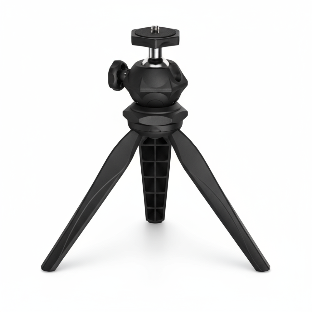 Black tripod with ball head on a white background