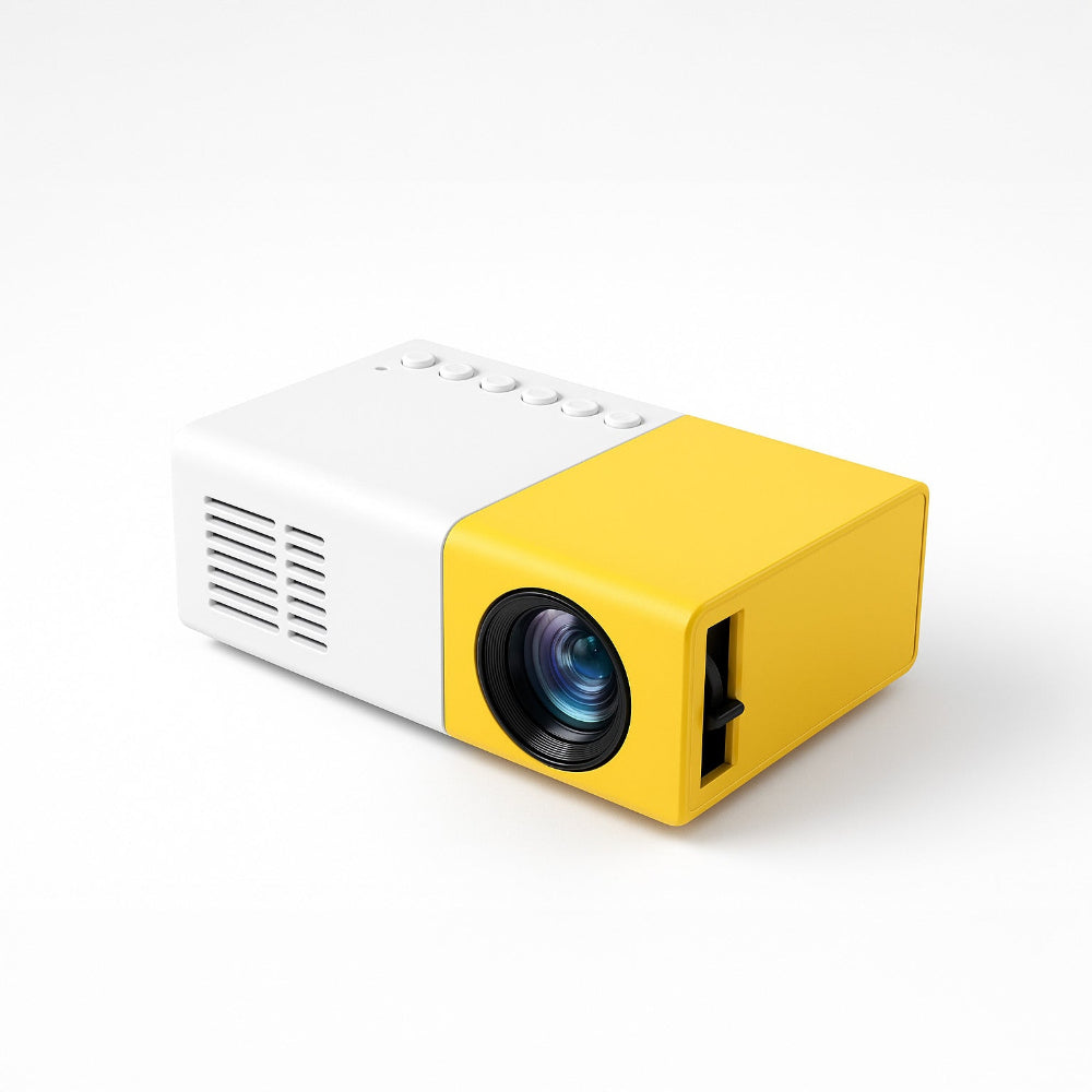 The Mini Portable Projector by The Projection Room features a sleek white and yellow design with a prominent lens and top control buttons, offering a compact entertainment solution for enhanced viewing anywhere.