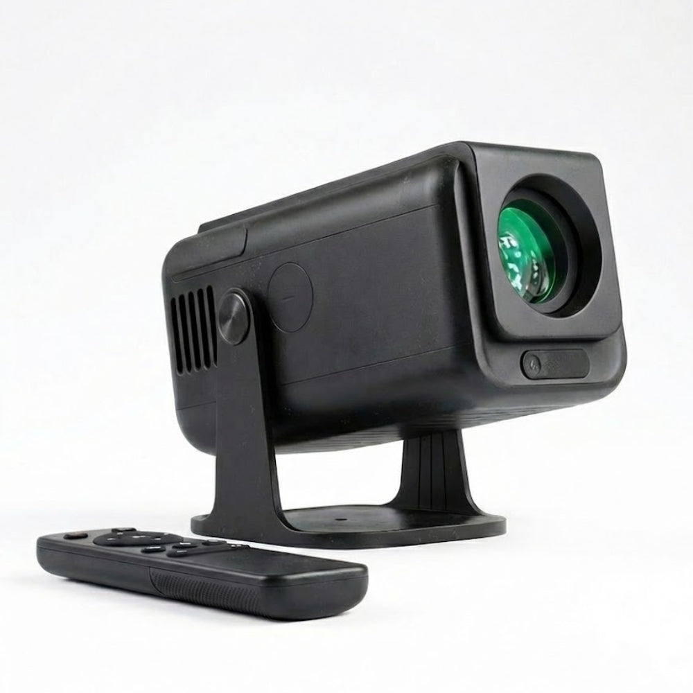 The Spotlight Projector Pro MAX by The Projection Room photo taken in a white studio, with a remote placed on the side