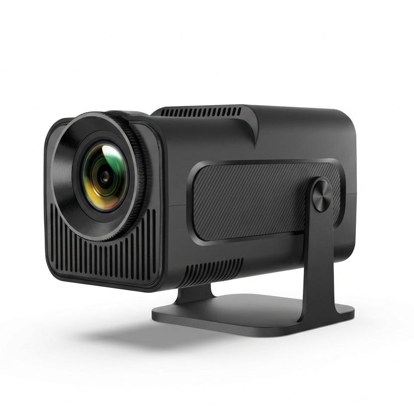 The Spotlight Projector Pro by The Projection Room appears on a white background, featuring a sleek black rectangular body, wide lens, sturdy stand, textured grip, minimalist design, and 200 ANSI lumens brightness.
