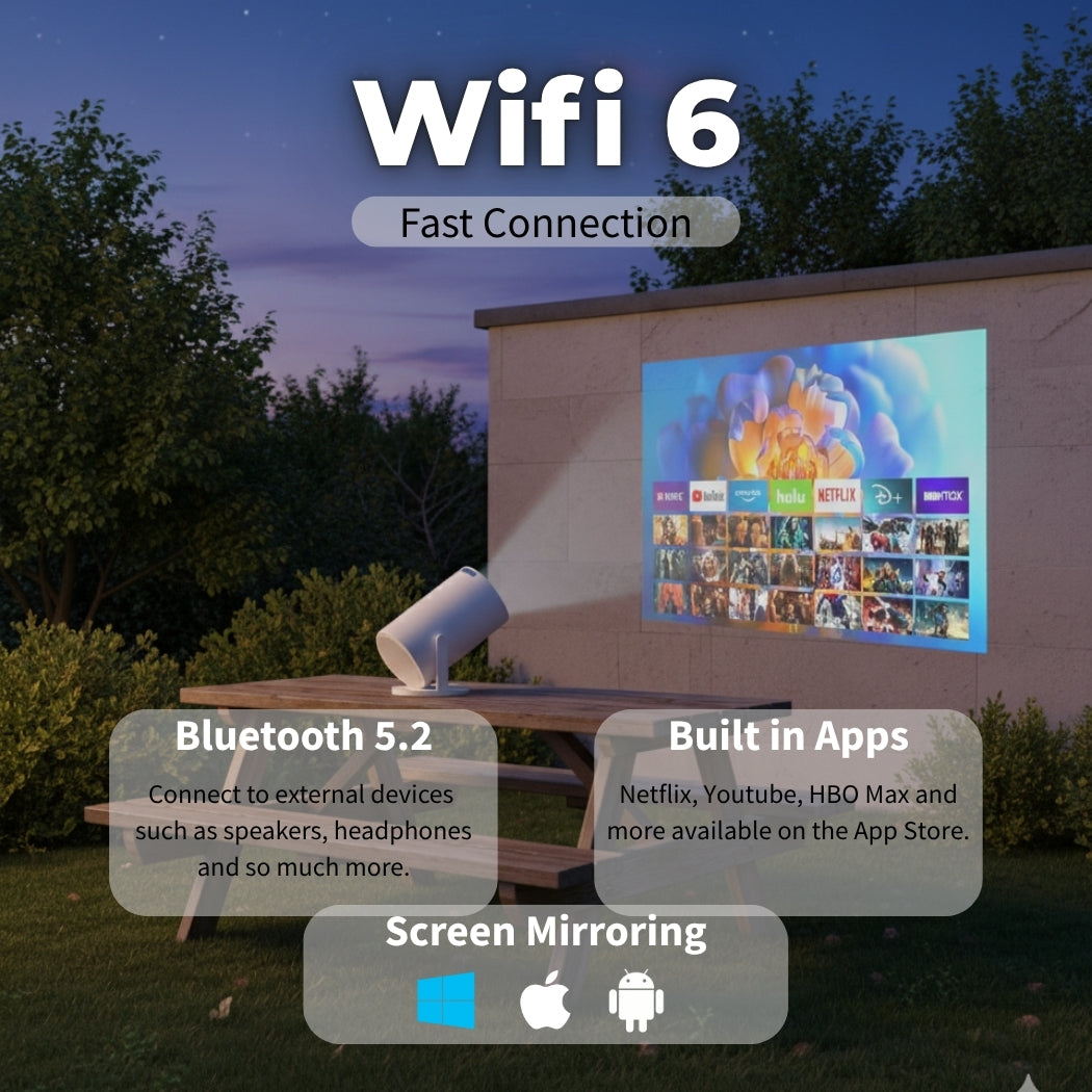The Projection Room’s Spotlight Projector displays built-in apps like Netflix and HBO Max on any wall, featuring Wifi 6, Bluetooth 5.2, and screen mirroring for Windows, Android, and iOS—perfect for outdoor streaming at dusk.