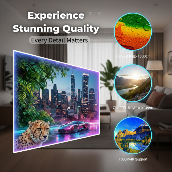 A stylish living room glows with The Projection Room's Spotlight Projector, displaying a cheetah, car, and cityscape in vivid 1080P/4K. Features include a 10,000:1 contrast ratio and 240 ANSI lumens for brighter images.