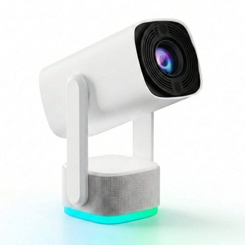 The Spotlight Projector GO by The Projection Room boasts a modern, sleek white design, mounted on a compact stand with a subtle turquoise glow at the base. Its perfect for entertainment enthusiasts wanting a theater experience at home, with its minimalist and futuristic look featuring an impressive lens.