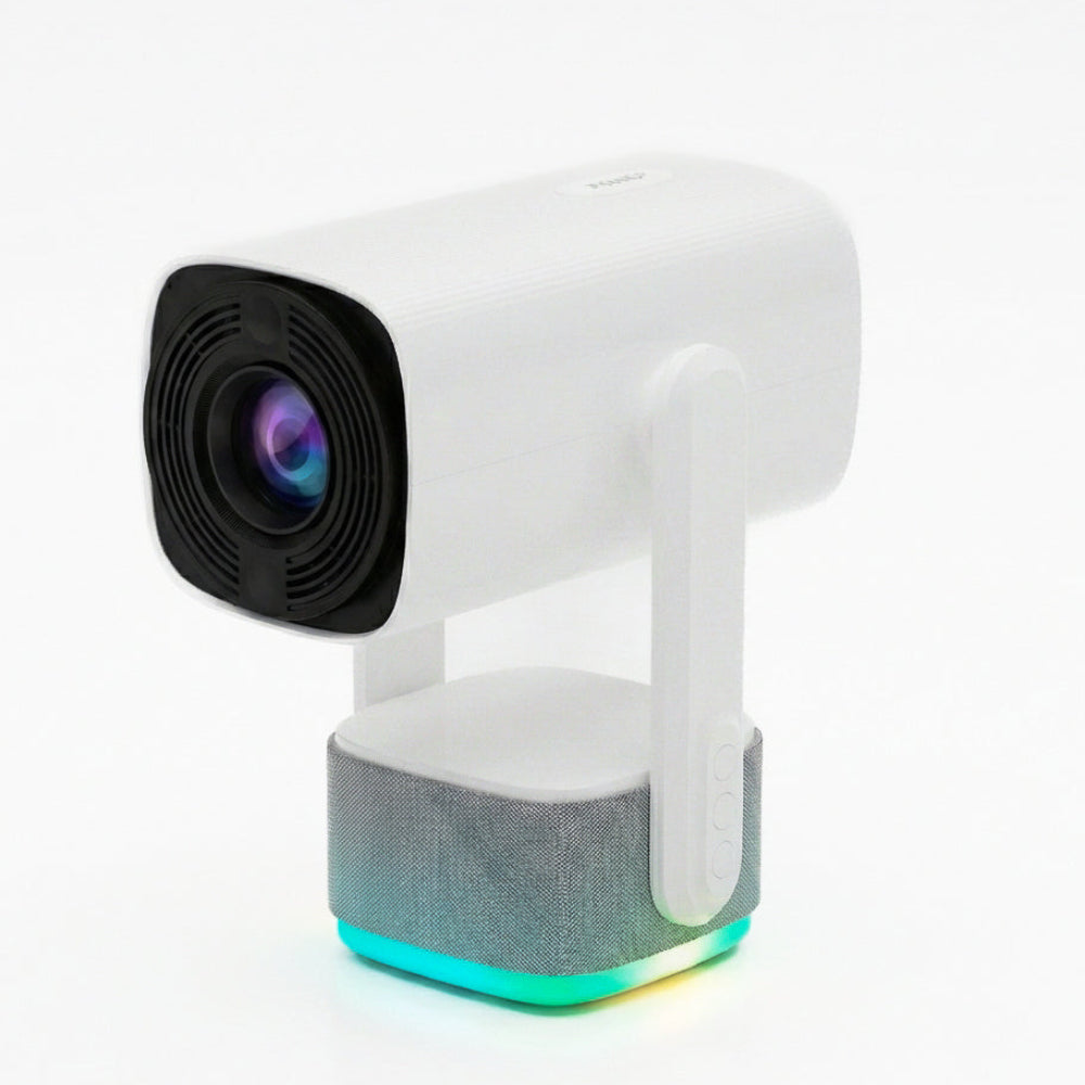 The Spotlight Projector GO by The Projection Room is a sleek, white modern projector with a cylindrical lens that emits a blue and purple hue. Its mounted on a stand with an adjustable arm and side buttons, ideal for entertainment enthusiasts seeking portability and ease of use.