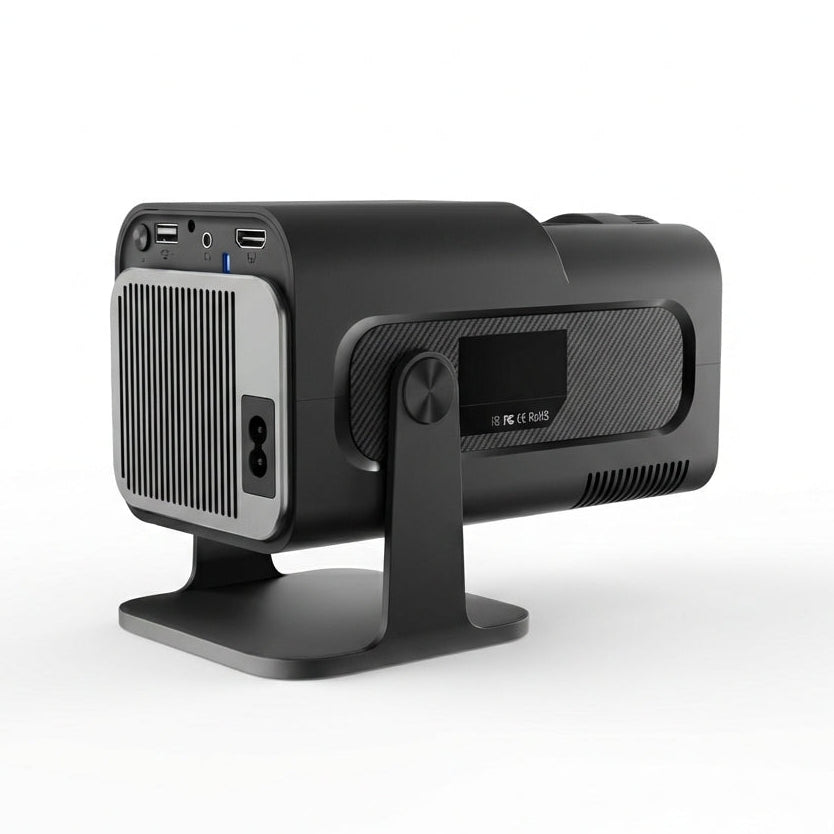 The Projection Room’s Spotlight Projector Pro is a sleek black HD projector with control buttons, ports, and vented front panel on a stand. Against a white background, it delivers crisp visuals at 200 ANSI lumens brightness.
