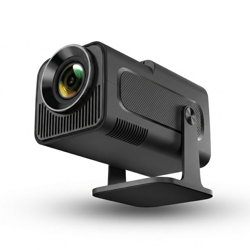 The Projection Room’s Spotlight Projector Pro features a sleek, black cylindrical body with textured grips and vent-like grooves, mounted on a stand against a white background, reflecting modern HD projector design.
