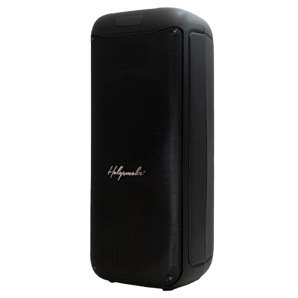 The Holysmoke Arthur by The Projection Room is a tall, black Bluetooth 5.0 party speaker with dual 8 light effects. It boasts a sleek, rounded design with a mesh grille and white brand logo. Smooth edges and top handle make it perfect for easy transport to any event.