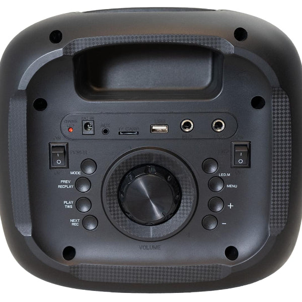 The Projection Rooms Holysmoke Arthur Bluetooth 5.0 Party Speaker features dual 8 light effects, a large volume dial, input/output ports, and buttons for mode, play, menu, and volume adjustments. Its sleek black design includes a textured grip and carry handle for portability.