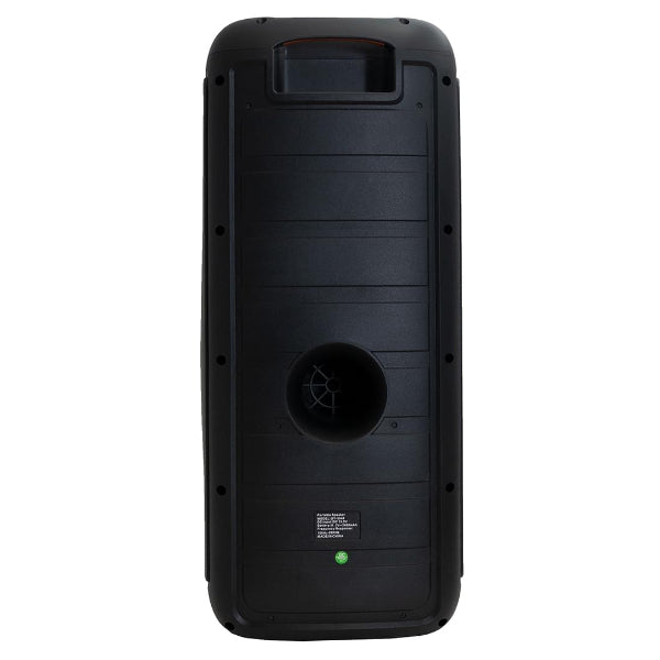 The image showcases the rear view of The Projection Rooms Holysmoke Arthur Bluetooth 5.0 Party Speaker Dual 8 Light Effect, featuring a sleek black design with a top handle, central bass port, and small bottom label—perfect for any occasion.