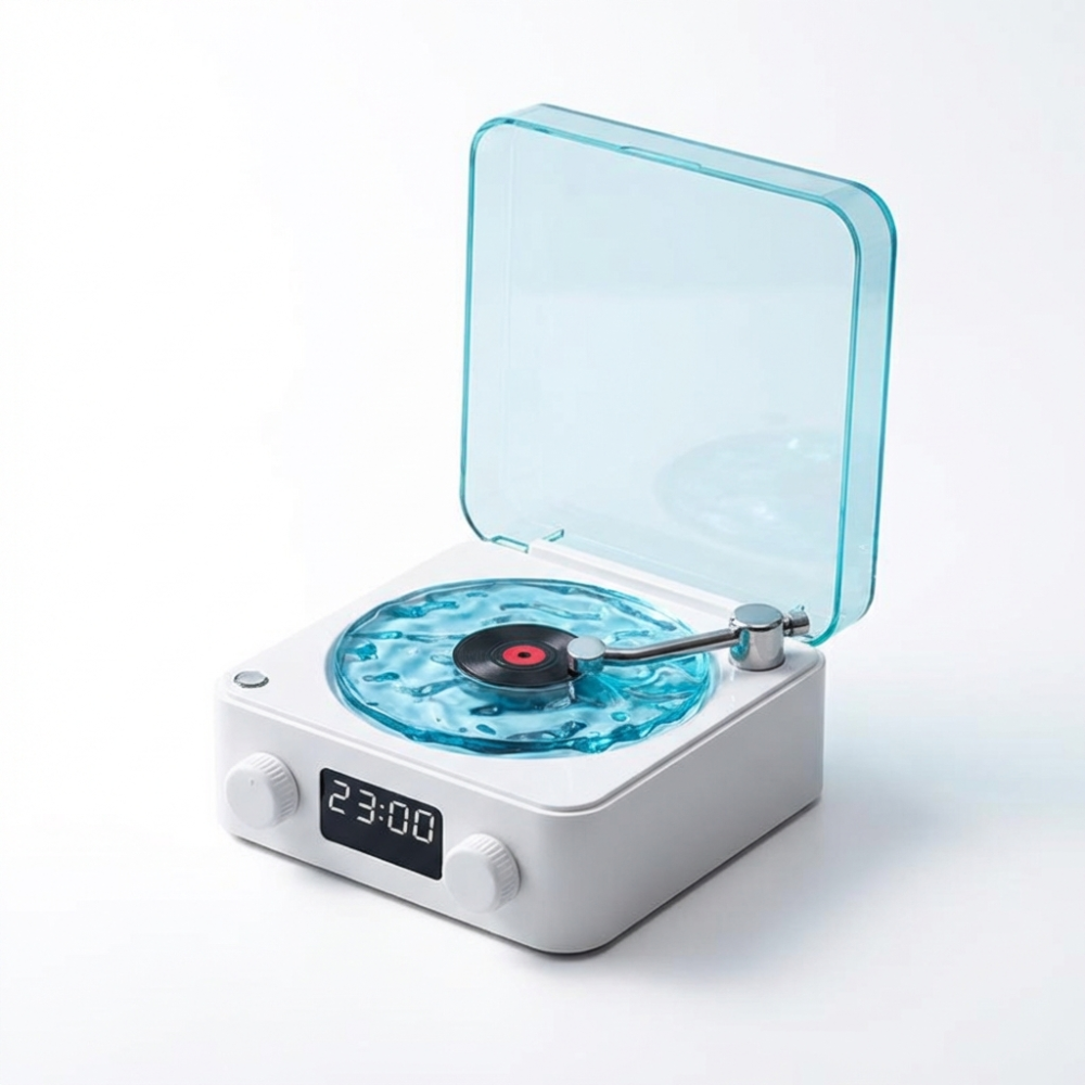 The Projection Room Vinyl Speaker Lamp is a modern white turntable with control knobs, a digital clock display, Bluetooth streaming, and a transparent blue lid. A vinyl record spins on the platter, all set against a plain white background.