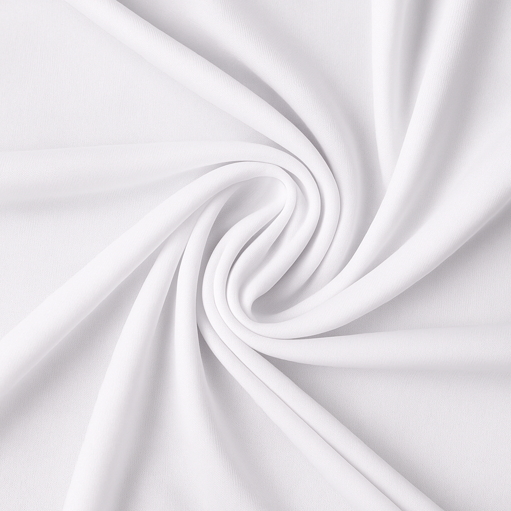 White fabric with gentle folds spirals from the center, creating a soft, swirling pattern on The Projection Room’s Portable Foldable Projector Screen—wrinkle-resistant polyester for a smooth big-screen experience.