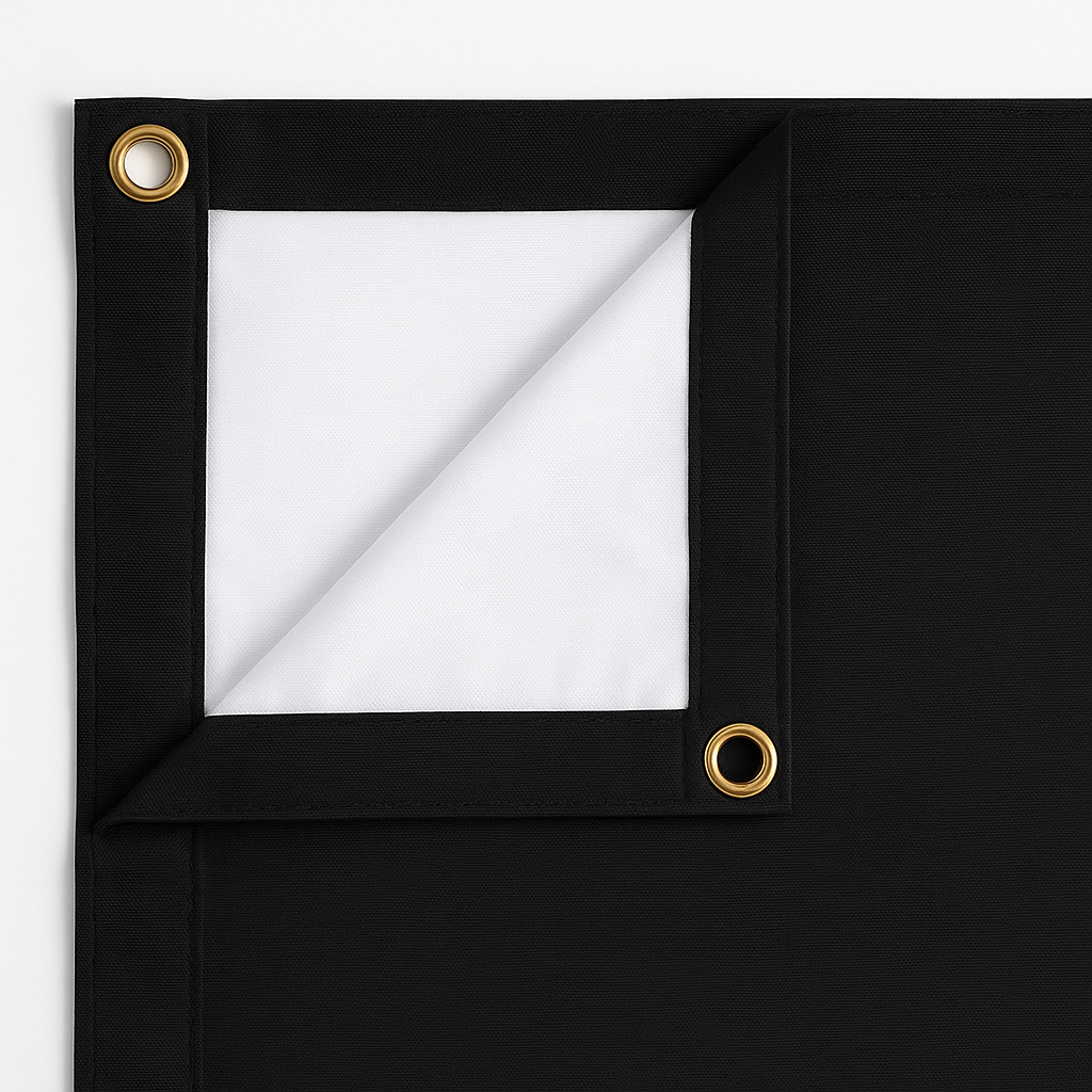 The Projection Room’s Portable Foldable Projector Screen is a black, wrinkle-resistant polyester banner with two gold grommets and a white underside—ideal for enjoying a big-screen experience wherever you go.