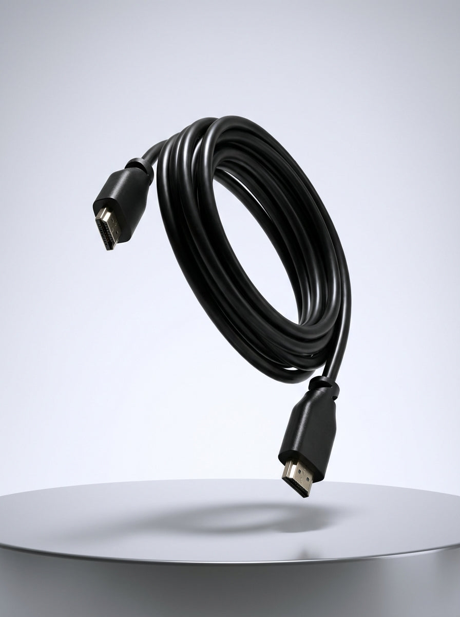 HDMI cable floating in white studio background from a circular platfrom