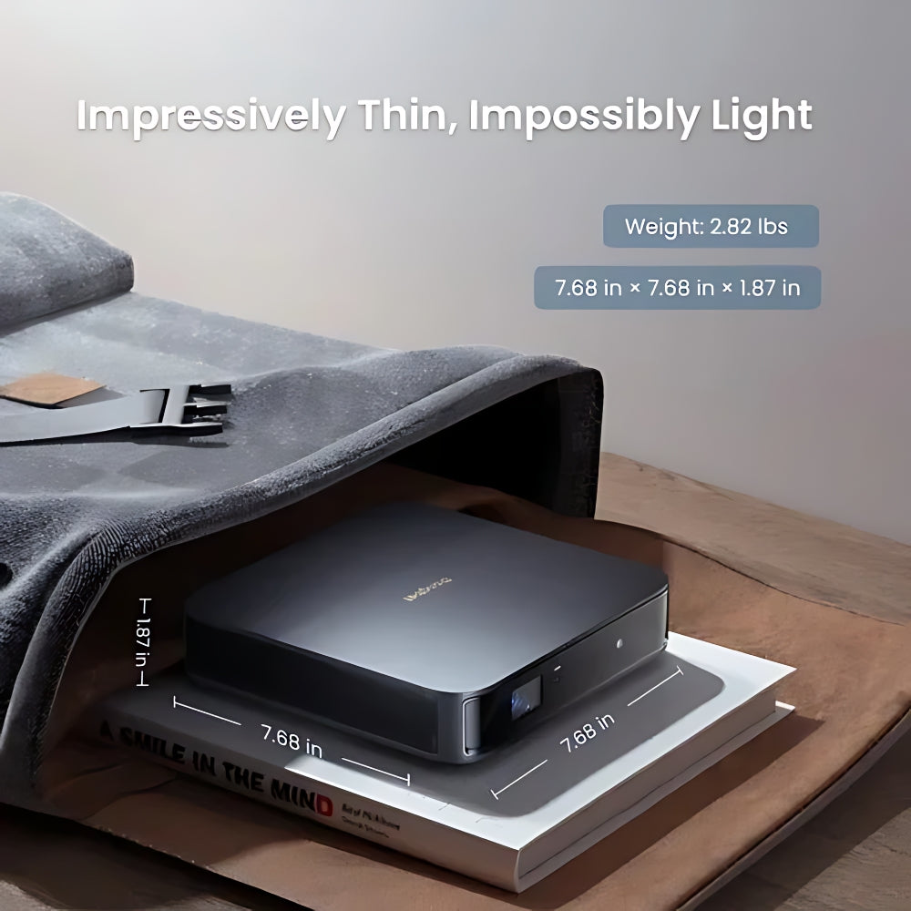 Dangbei Atom Mini Google TV Projector placed inside a bag, showcasing it's small portable size