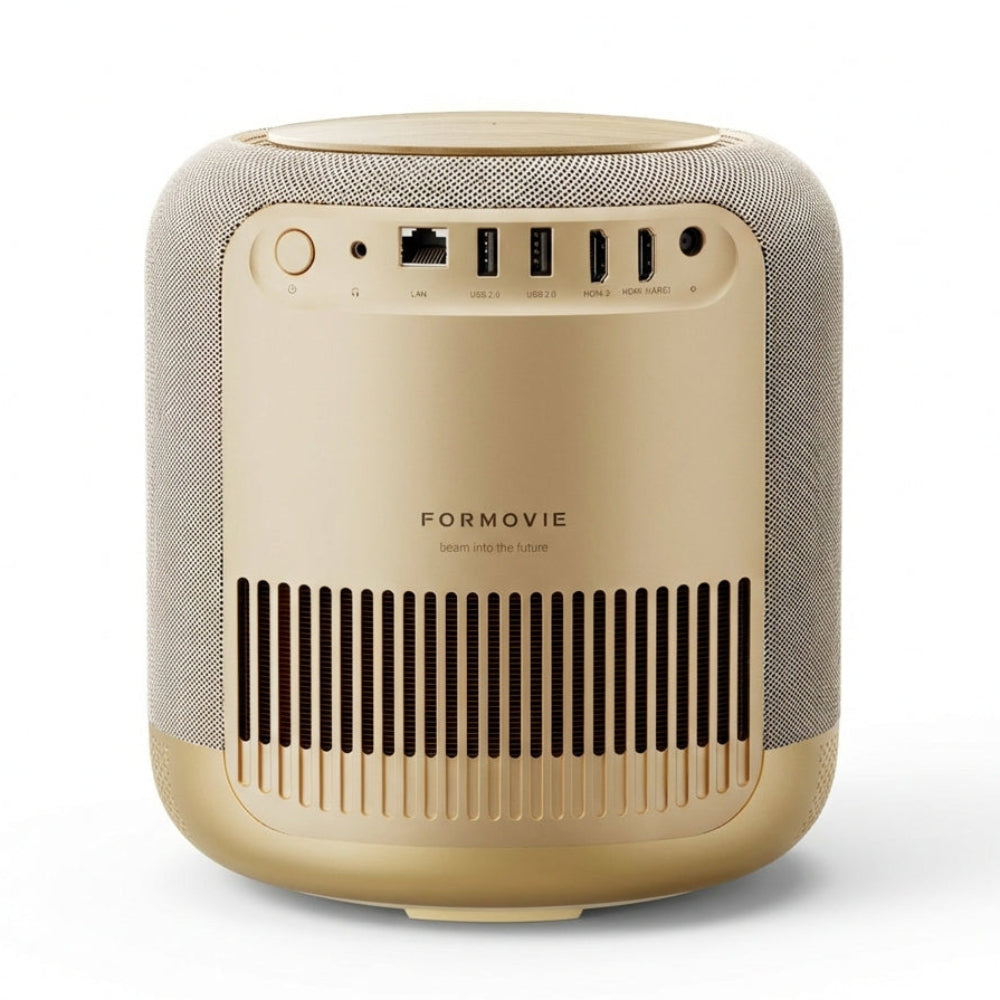 The gold-colored FORMOVIE V10 Projector is shown from the back, featuring USB, HDMI, LAN, and audio ports. Visible vents and speaker grilles complement this 2500 ANSI lumens 4K UHD device.