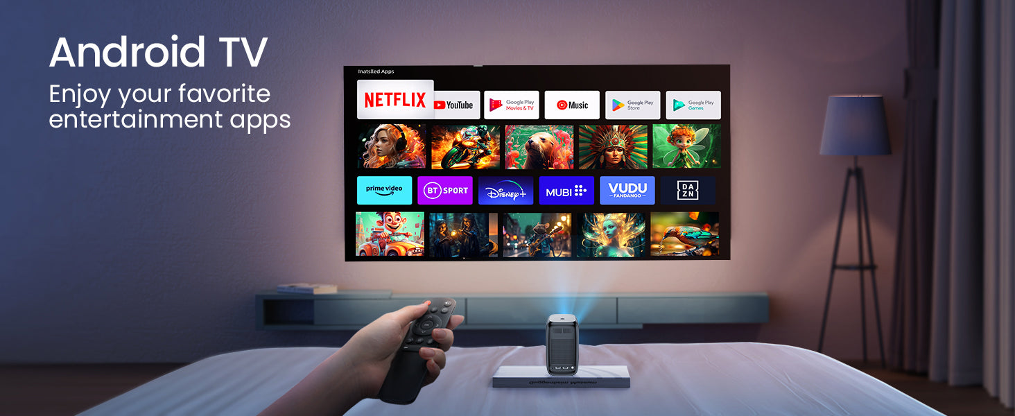 A user points a remote at The Projection Rooms PocketCinema HD mini projector, which displays an Android TV interface featuring apps like Netflix, YouTube, and Disney+ on a wall. Text reads, PocketCinema HD & Android TV: Access your top entertainment apps anytime.