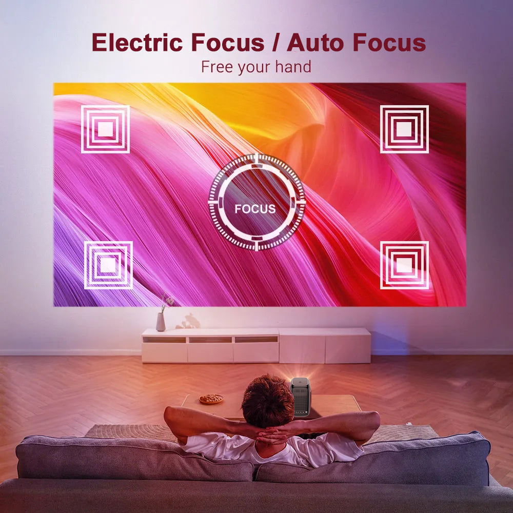 A person sits on a sofa facing a vivid abstract display from The Projection Rooms PocketCinema HD, featuring Electric Focus / Auto Focus and Free your hand above. The minimally furnished room highlights the portable HD projectors enhanced focus indicators.
