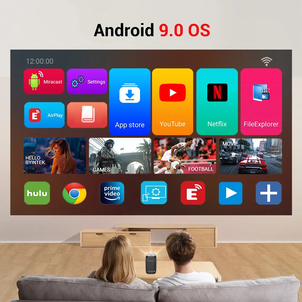 A couple relaxes on a couch as The Projection Rooms PocketCinema HD projects a vivid display of Android 9.0 OS, showcasing app icons like YouTube, Netflix, and Hulu against a colorful backdrop, transforming any space into an entertainment hub without needing a traditional TV.