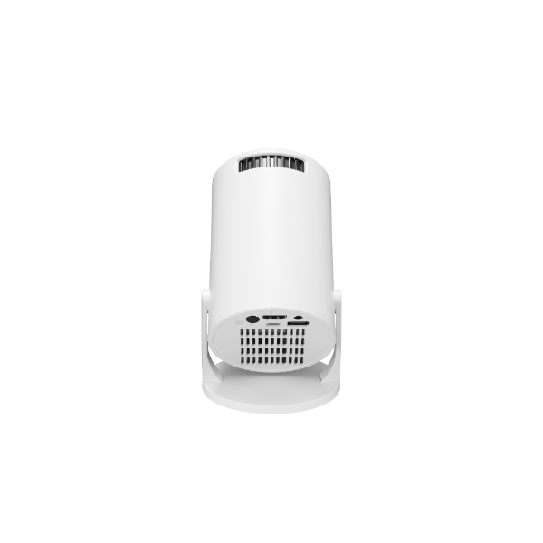 A minimalist white cylindrical device with a tapered top, ventilation slats, and a perforated grille on a flat base. The Projection Rooms Mini Spotlight Projector offers pocket-sized entertainment thats perfect for budget-friendly fun.
