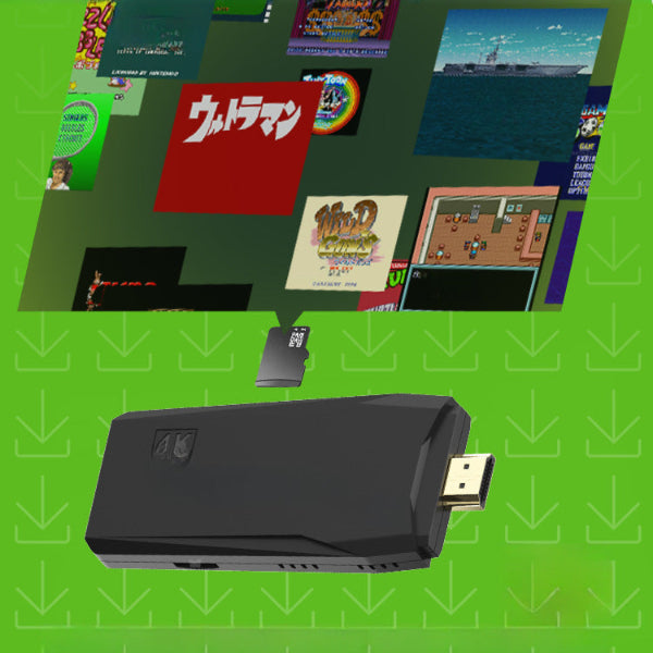 In the green backdrop with downward arrows, a black HDMI dongle from The Spotlight Projector Pro + Game Stick Bundle by The Projection Room features a smaller attachment beneath, while retro video game covers create a fading collage above.