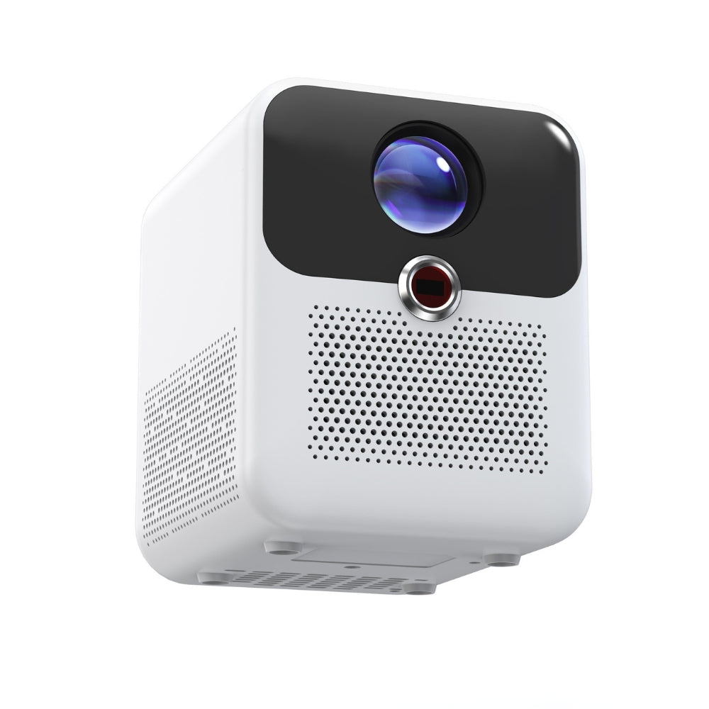 The Projection Room S2 Smart Projector with Electric Focus is a compact, white HD wireless home cinema device featuring phone mirroring, a black front panel, blue lens, red sensor, and ventilation—shown on a white background.