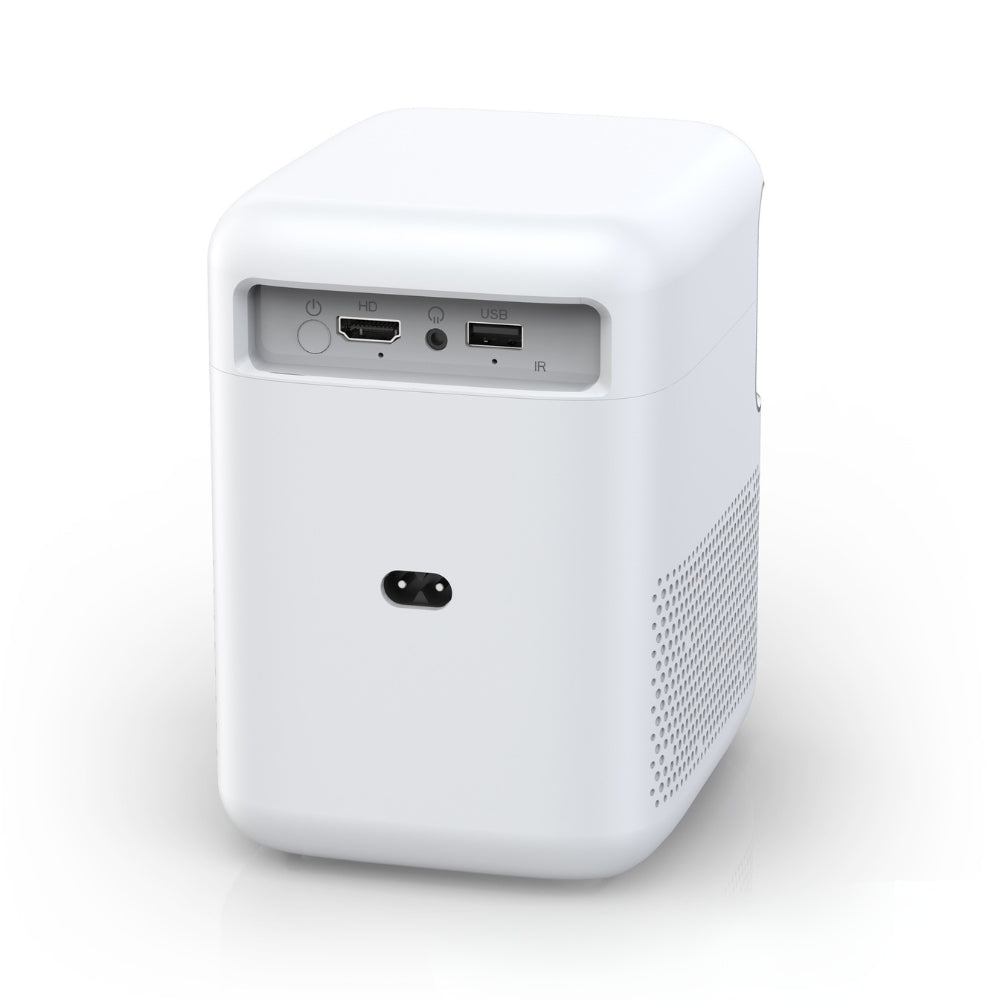 The Projection Rooms S2 Smart Projector with Electric Focus offers HD screen quality, wireless phone mirroring, rear HDMI/USB ports, ventilation grilles, and a compact white design—perfect for versatile home cinema entertainment.