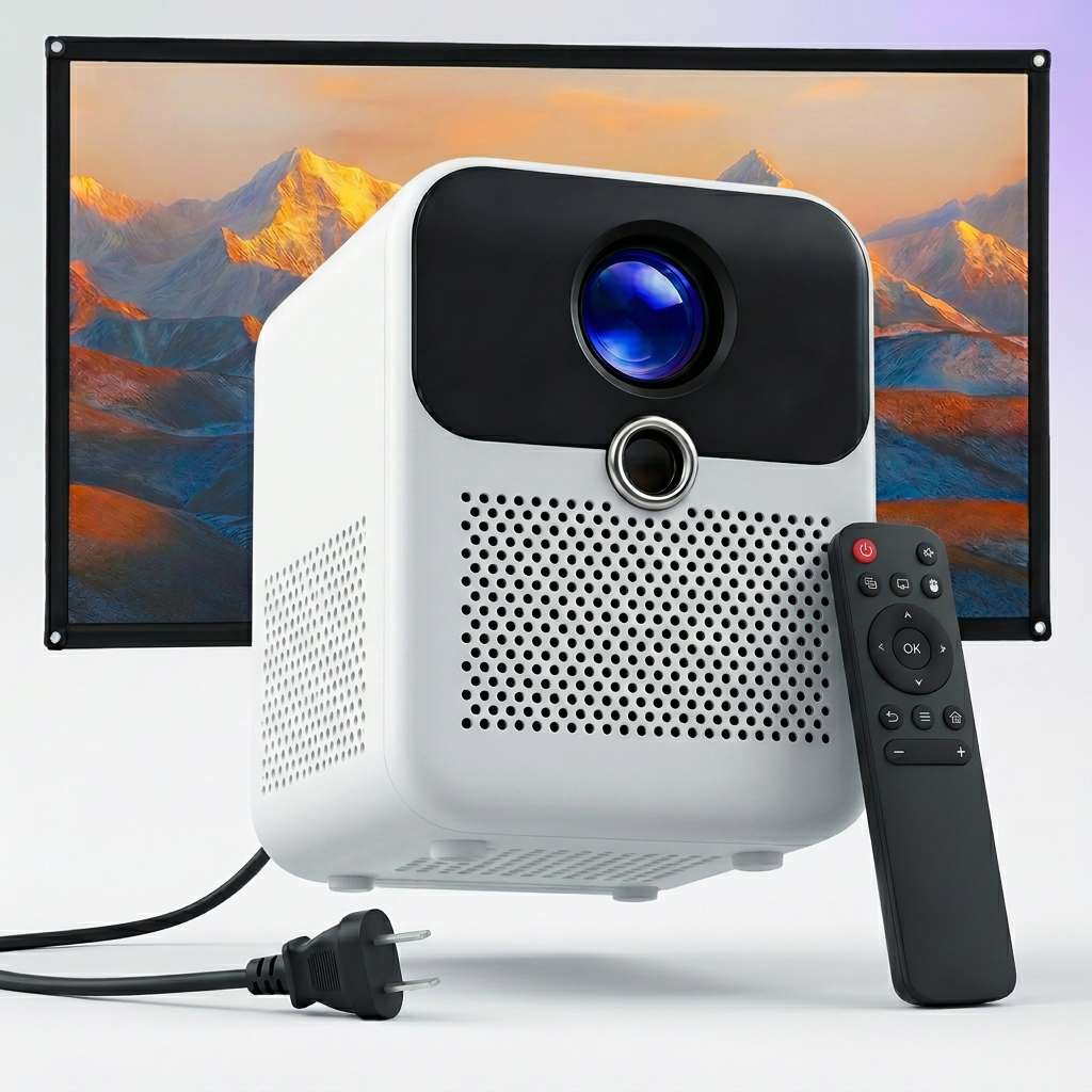 The Projection Room’s S2 Projector, featuring auto keystone correction and a blue lens, is set before a screen showing a mountain landscape. A remote and power cord are placed beside this portable white projector.