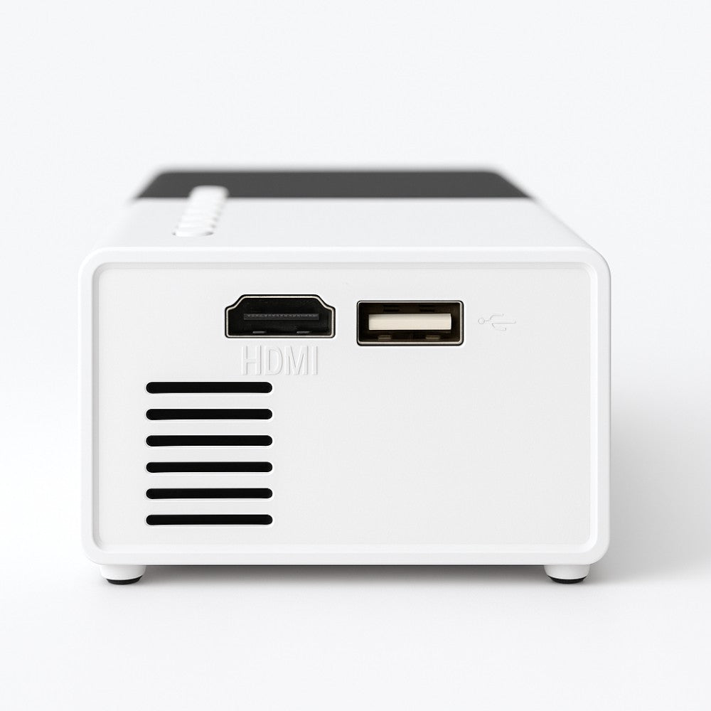 Close-up of The Projection Room’s Mini Portable Projector back panel, showing HDMI and USB ports, ventilation slots, and a sleek white casing with black stripe—ideal for portable entertainment anywhere.