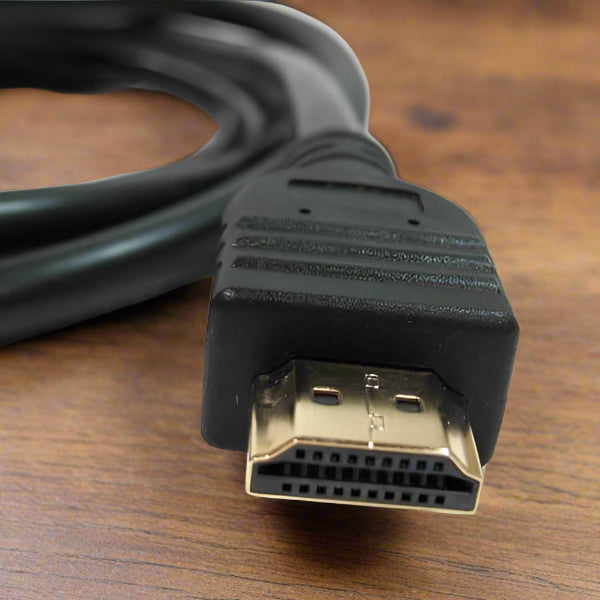 Black HDMI Cable on a wooden table background