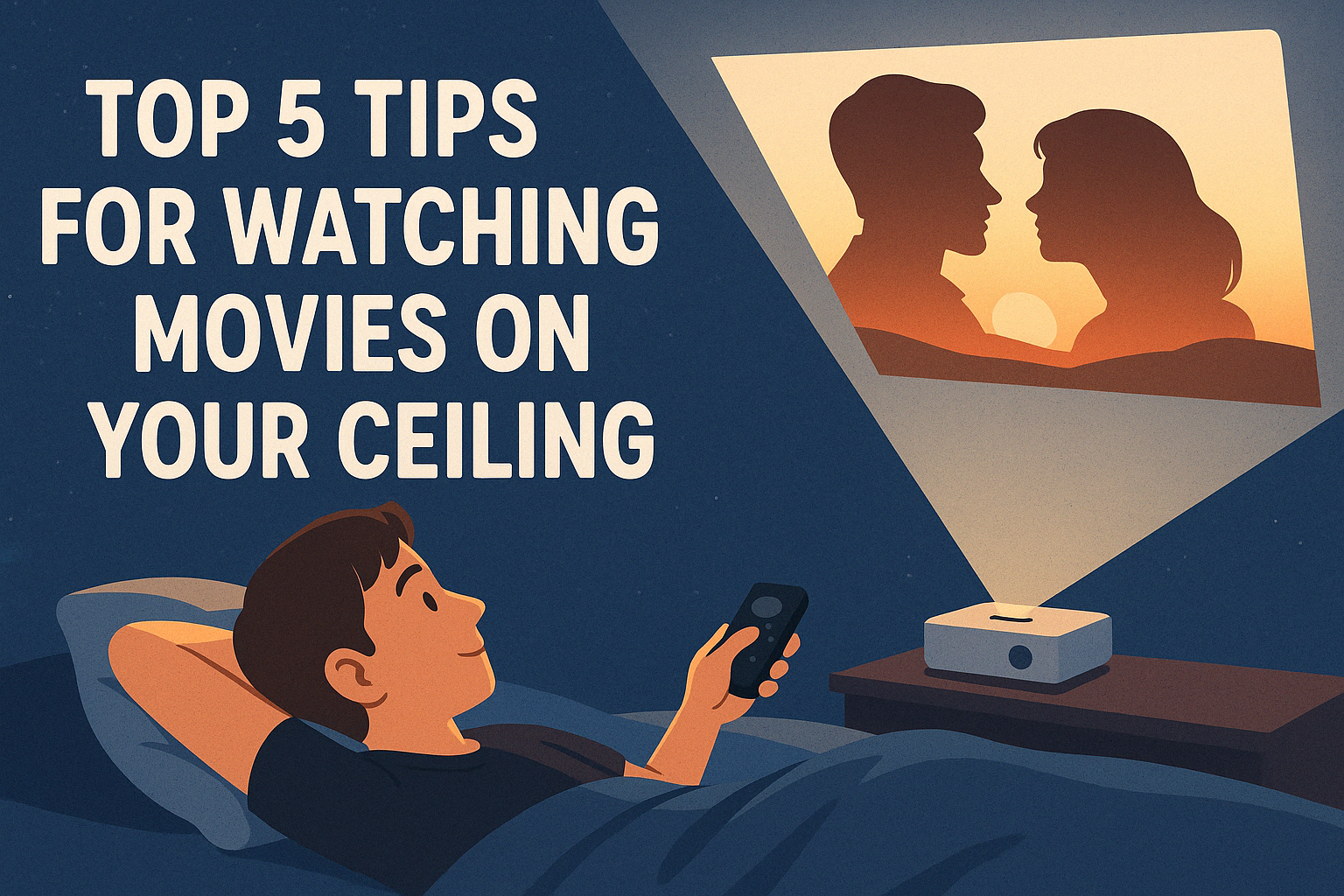Banner for Blog "top 5 tips for watching movies on your ceiling" infographics style