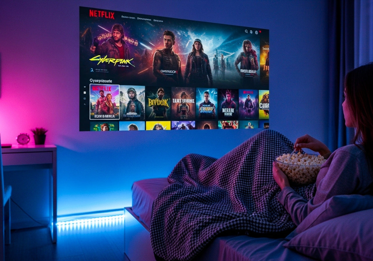 Girl watching movie on the projector in her bedroom on her bed